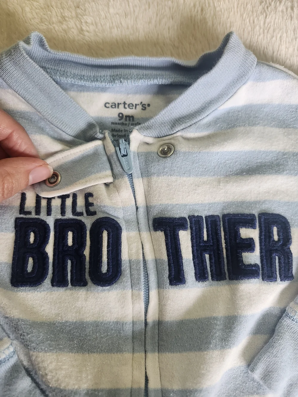 Striped Baby One-Piece Footed Pajamas - Blue Little Brother & Cream Lion